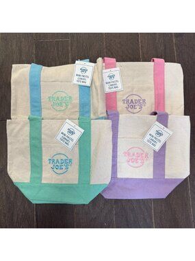 Trader Joe’s Mini Pastel Canvas Tote Bag Set of 4 Green Blue Pink Purple